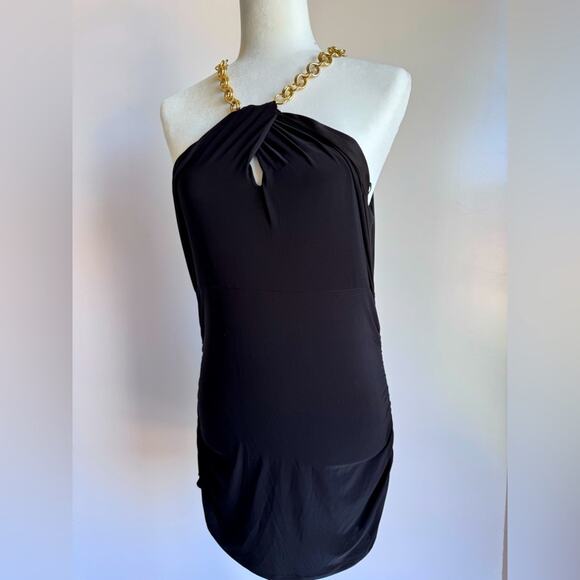 CACHE Women's Vintage Y2K Mini Black Gold Neckline Dress Size 6‎ /8 Ruched Side - Picture 1 of 10